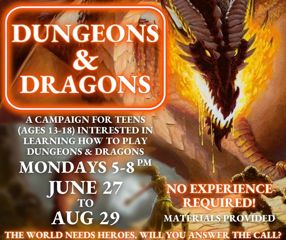 Illustration of fire-breathing dragon with text about Dungeons & Dragons group for teens