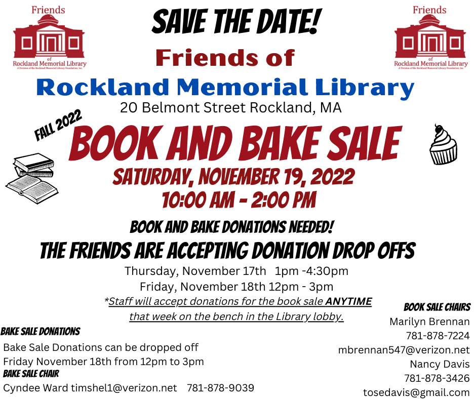 Flier for Friends of Library book and bake sale, 10 am to 2 pm on 11/19/22