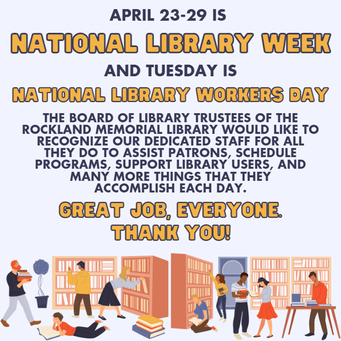 Illustration of people working in library with text thanking library staff for Library Workers Day